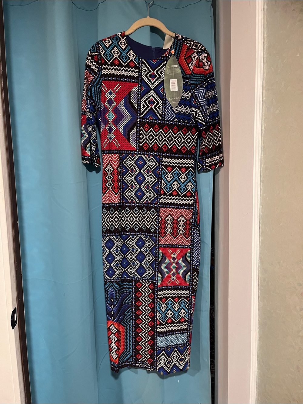 FARM Rio Multicolor Geometric Patchwork Midi Dress